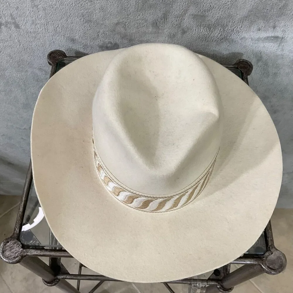 Olive & Pique off white Wool Felt Wide Brim Rancher Hat Tan Band Adjustable OSFM